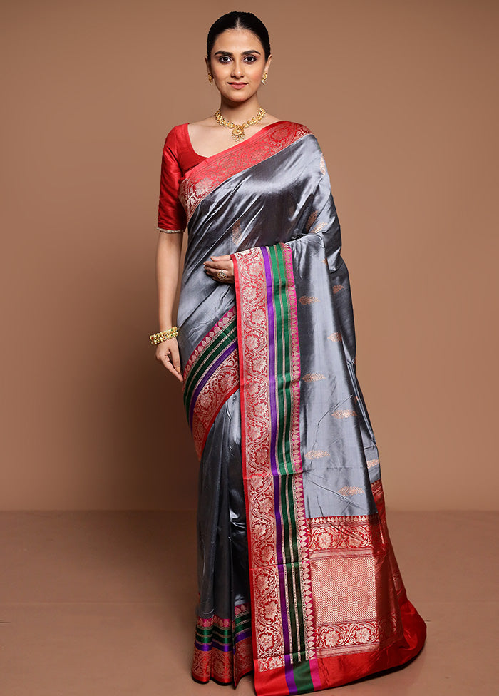 Grey Handloom Katan Pure Silk Saree With Blouse Piece