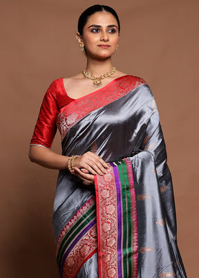 Grey Handloom Katan Pure Silk Saree With Blouse Piece