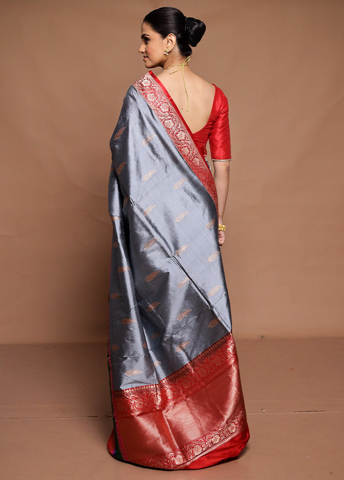 Grey Handloom Katan Pure Silk Saree With Blouse Piece