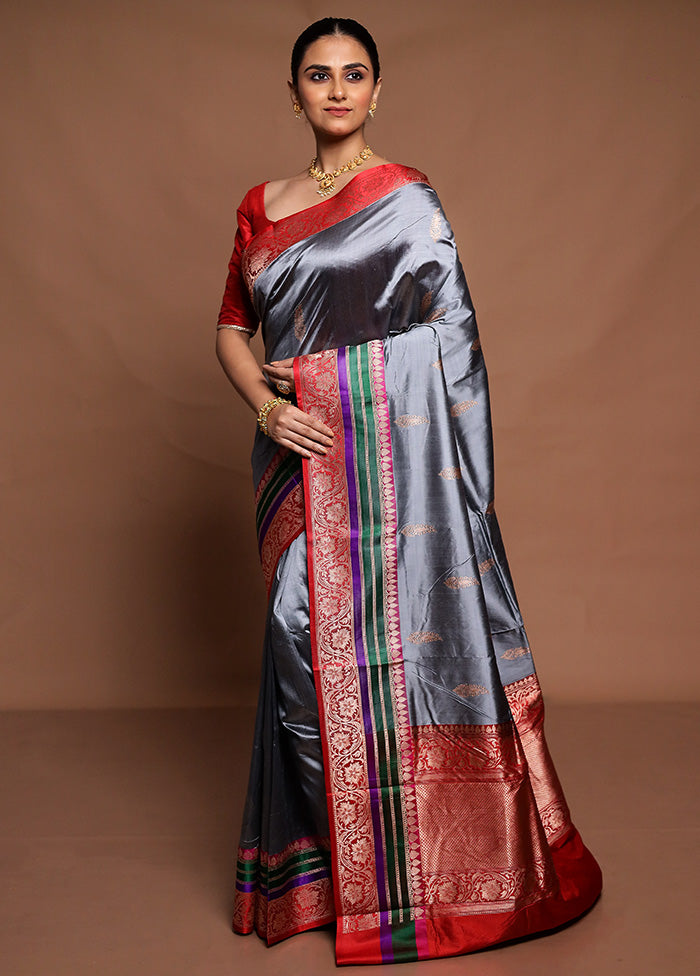 Grey Handloom Katan Pure Silk Saree With Blouse Piece