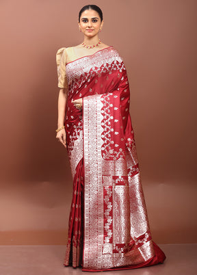 Maroon Banarasi Silk Saree With Blouse Piece