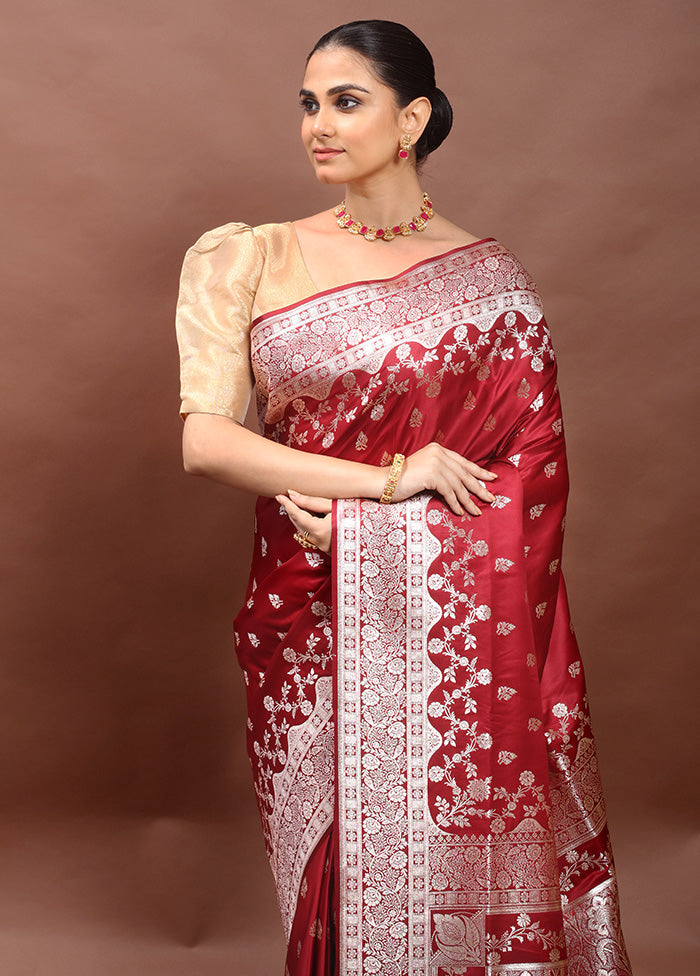 Maroon Banarasi Silk Saree With Blouse Piece