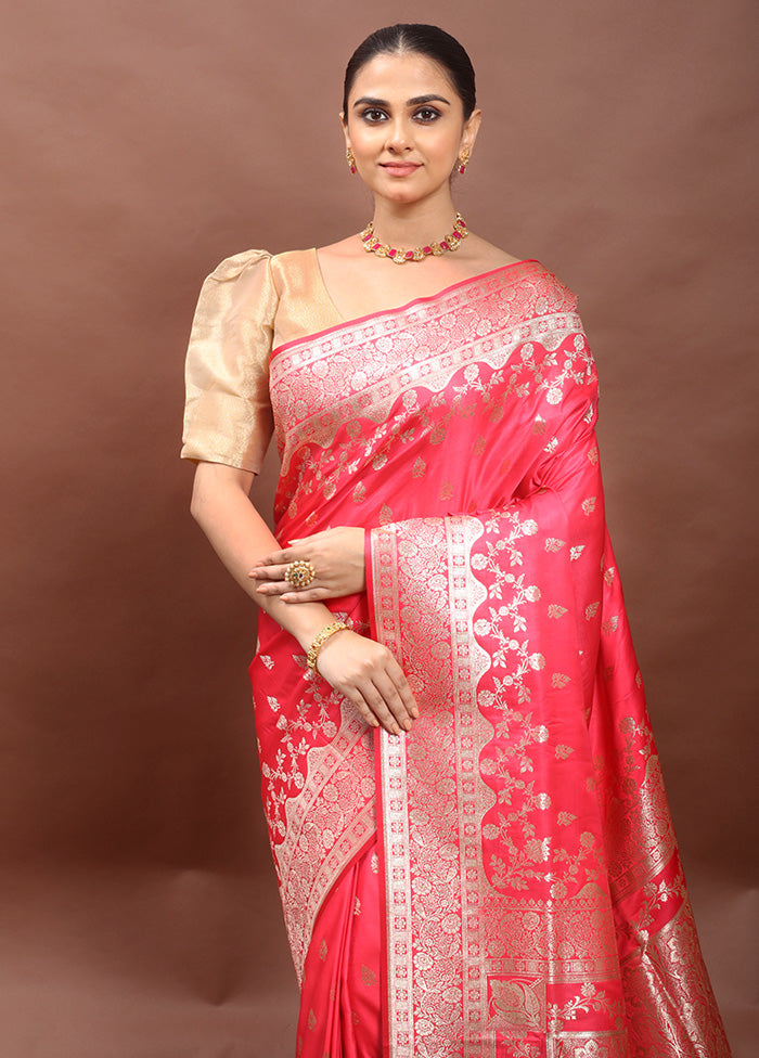 Pink Banarasi Silk Saree With Blouse Piece