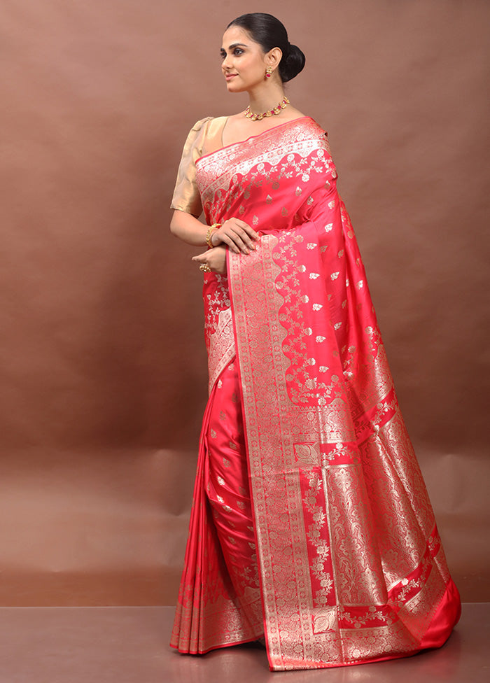 Pink Banarasi Silk Saree With Blouse Piece