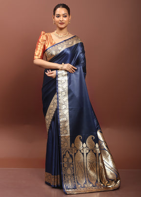 Blue Banarasi Silk Saree With Blouse Piece