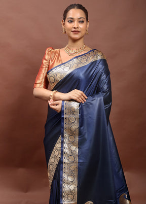 Blue Banarasi Silk Saree With Blouse Piece