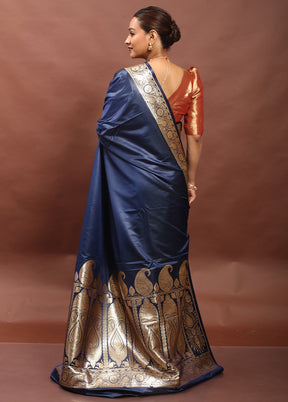 Blue Banarasi Silk Saree With Blouse Piece