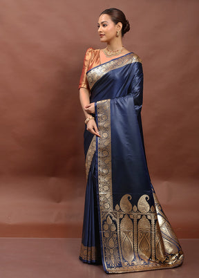 Blue Banarasi Silk Saree With Blouse Piece