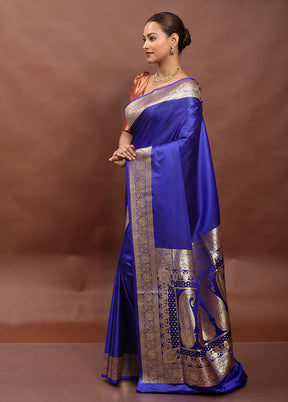 Blue Banarasi Silk Saree With Blouse Piece