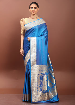 Blue Banarasi Silk Saree With Blouse Piece