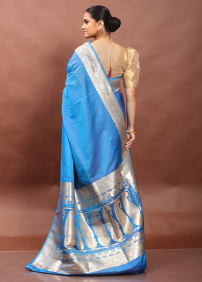 Blue Banarasi Silk Saree With Blouse Piece