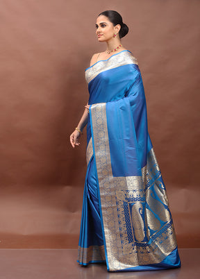 Blue Banarasi Silk Saree With Blouse Piece