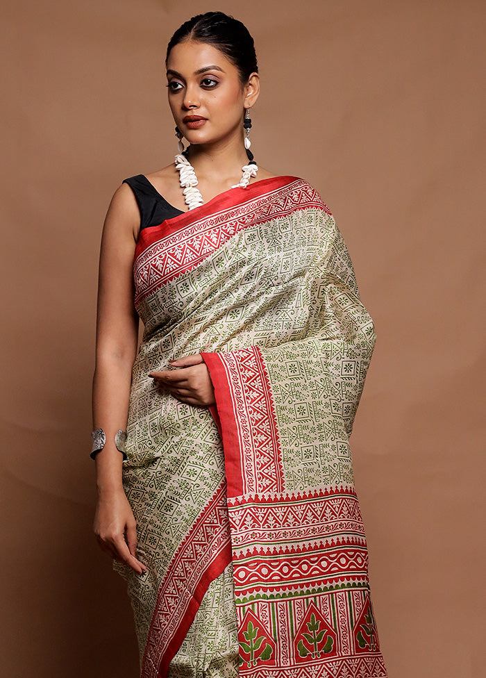 Cream Printed Pure Silk Saree Without Blouse Piece