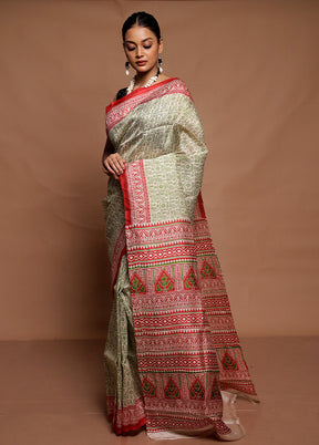 Cream Printed Pure Silk Saree Without Blouse Piece