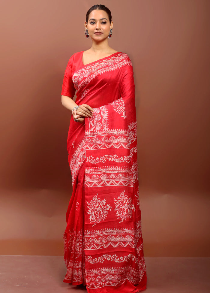 Red Printed Pure Silk Saree Without Blouse Piece