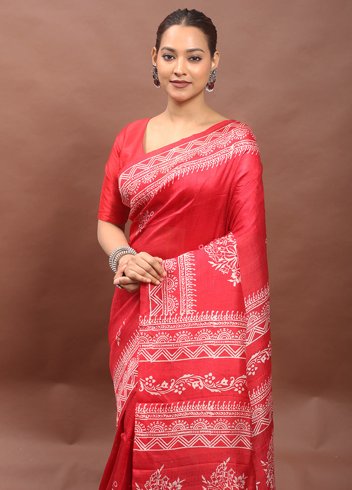 Red Printed Pure Silk Saree Without Blouse Piece