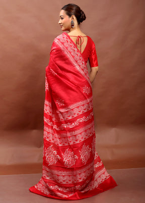 Red Printed Pure Silk Saree Without Blouse Piece