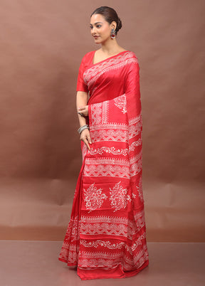 Red Printed Pure Silk Saree Without Blouse Piece