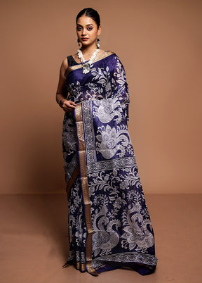 Blue Printed Pure Silk Saree Without Blouse Piece