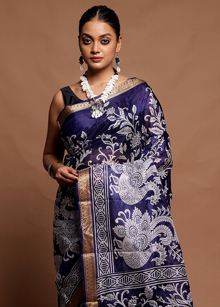 Blue Printed Pure Silk Saree Without Blouse Piece