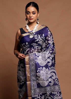 Blue Printed Pure Silk Saree Without Blouse Piece