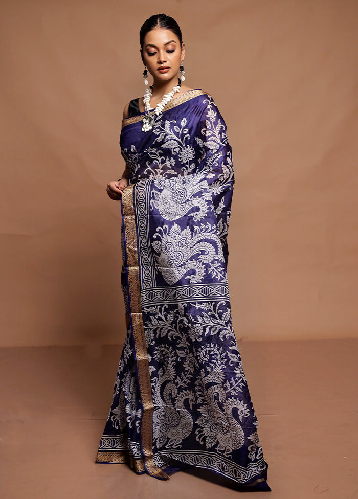 Blue Printed Pure Silk Saree Without Blouse Piece