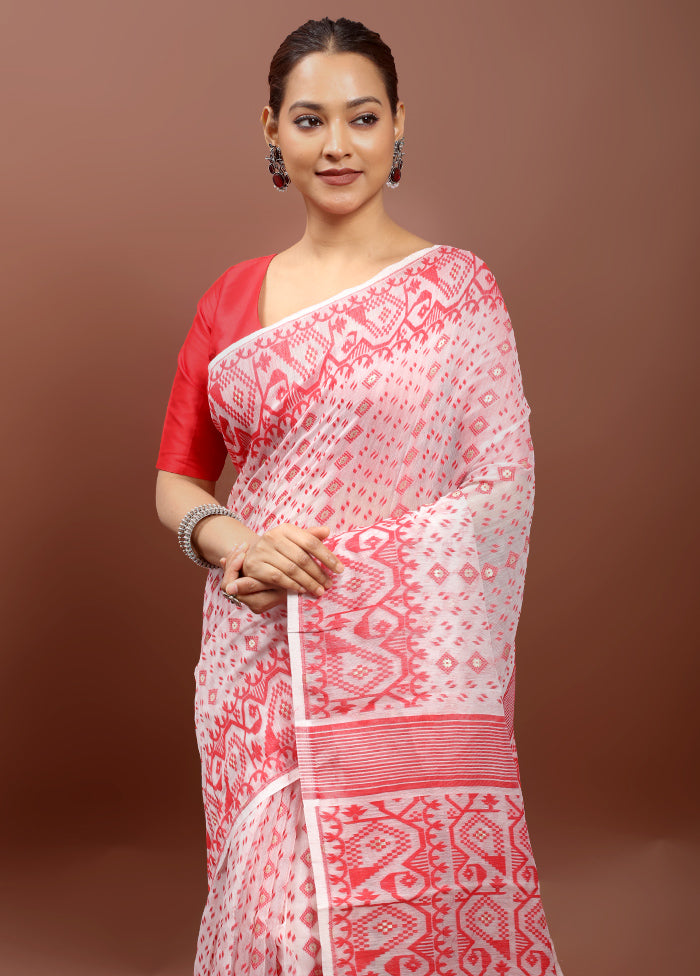 White Tant Jamdani Saree Without Blouse Piece