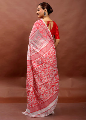 White Tant Jamdani Saree Without Blouse Piece