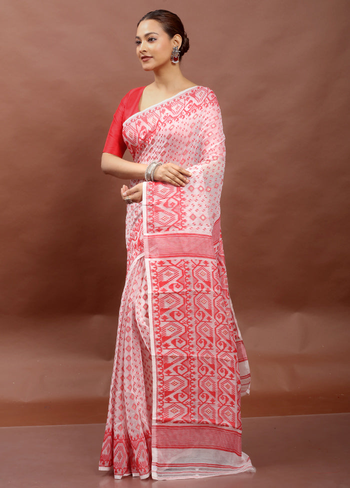 White Tant Jamdani Saree Without Blouse Piece