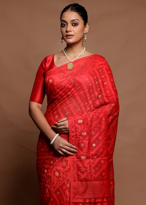 Red Tant Jamdani Saree Without Blouse Piece