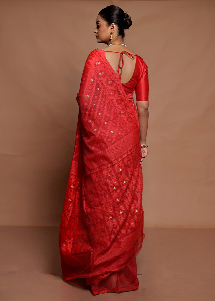 Red Tant Jamdani Saree Without Blouse Piece