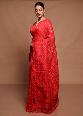 Red Tant Jamdani Saree Without Blouse Piece