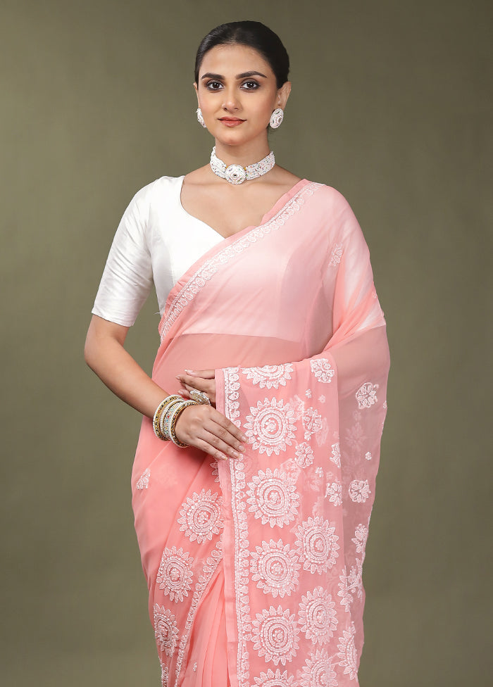 Pink Chikankari Saree With Blouse Piece