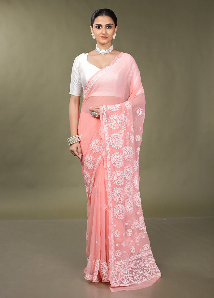 Pink Chikankari Saree With Blouse Piece