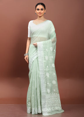 Green Chikankari Saree With Blouse Piece