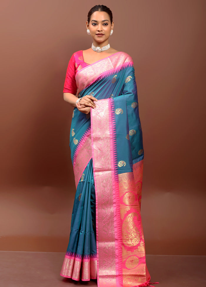 Blue Kanjivaram Silk Saree With Blouse Piece