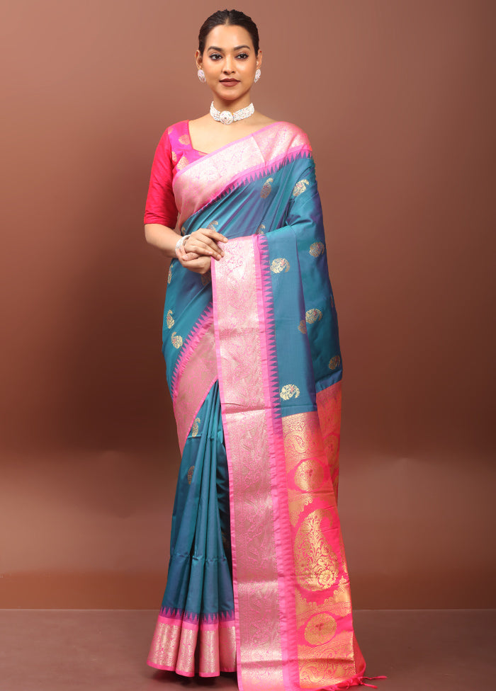 Blue Kanjivaram Silk Saree With Blouse Piece