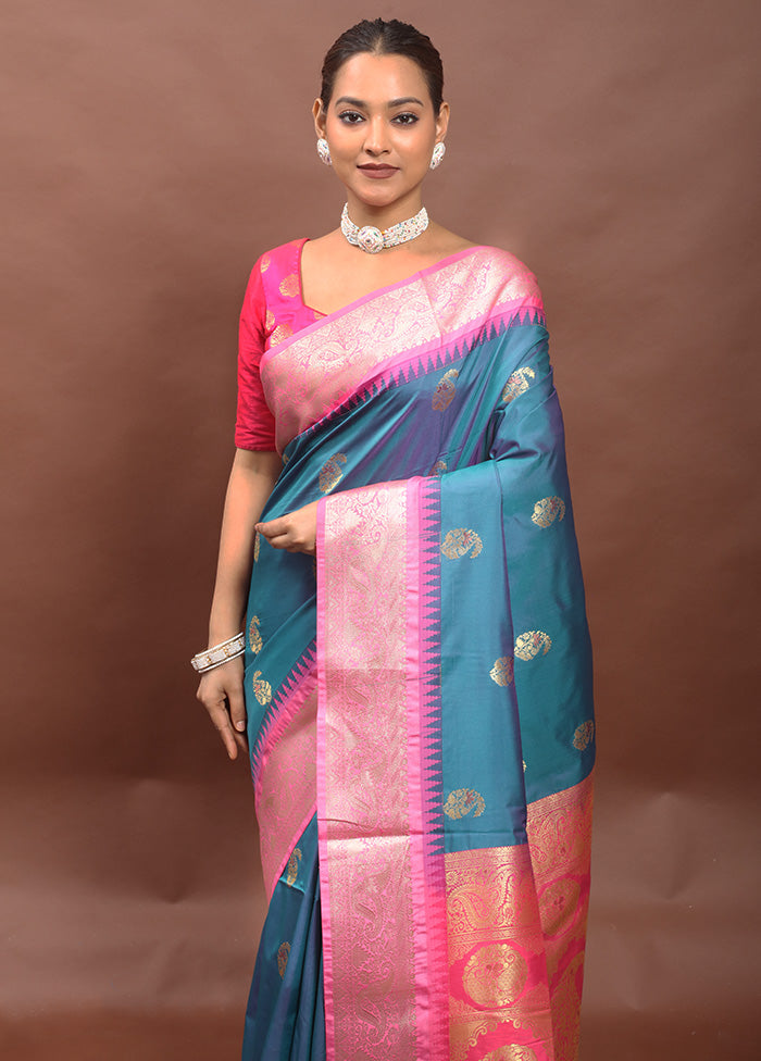 Blue Kanjivaram Silk Saree With Blouse Piece