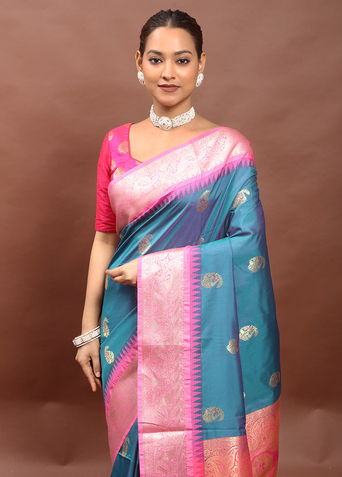 Blue Kanjivaram Silk Saree With Blouse Piece