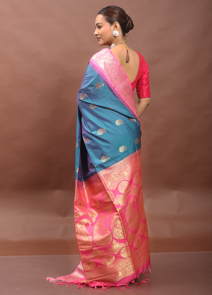 Blue Kanjivaram Silk Saree With Blouse Piece