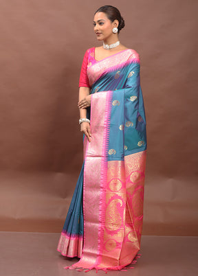 Blue Kanjivaram Silk Saree With Blouse Piece