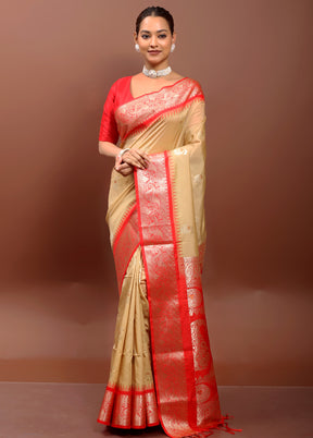 Cream Kanjivaram Silk Saree With Blouse Piece