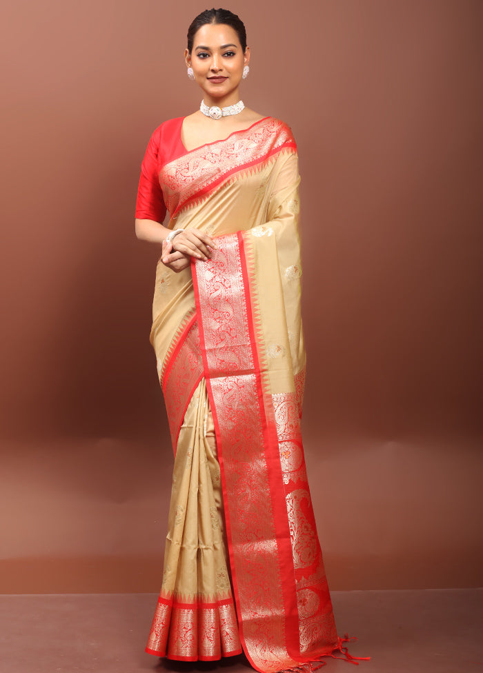 Cream Kanjivaram Silk Saree With Blouse Piece