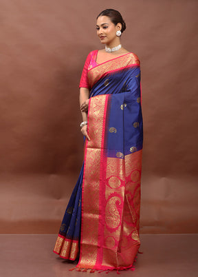 Blue Kanjivaram Silk Saree With Blouse Piece