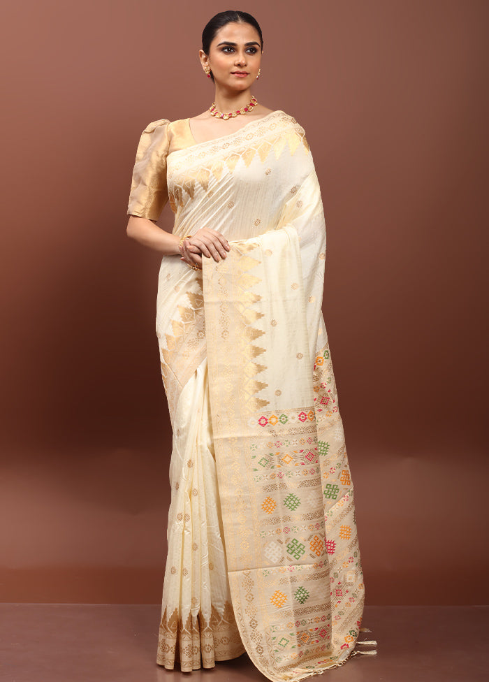 Cream Dupion Silk Saree With Blouse Piece