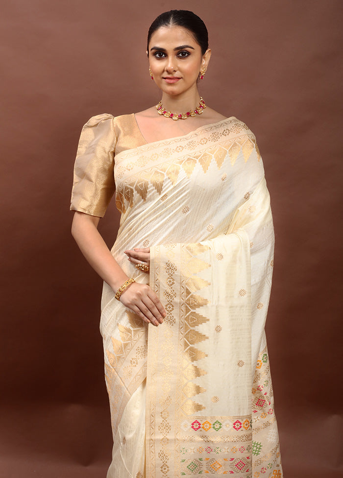 Cream Dupion Silk Saree With Blouse Piece