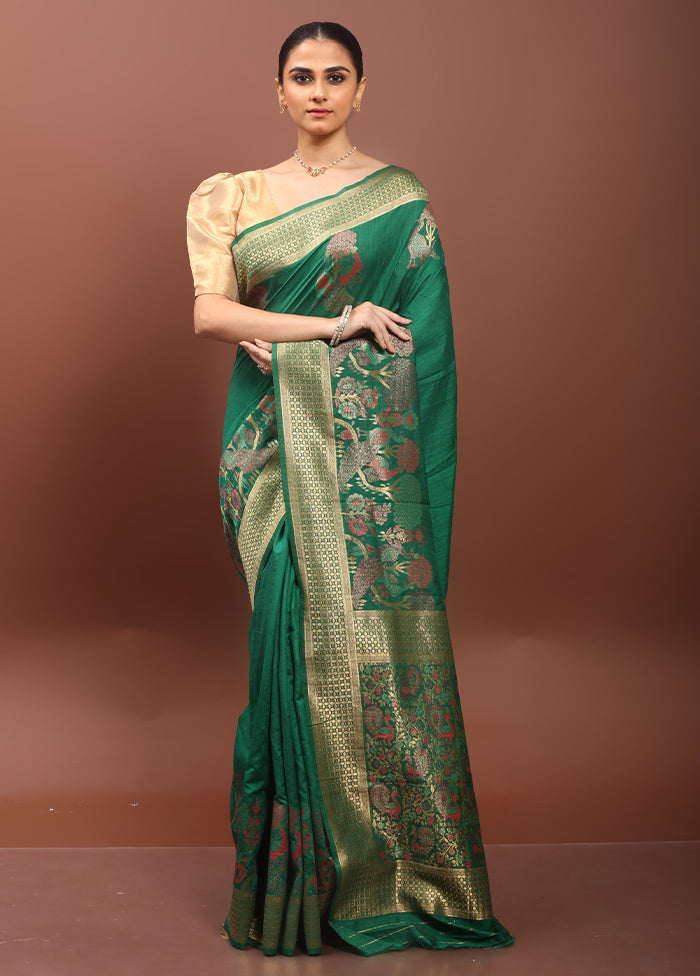 Green Dupion Silk Saree With Blouse Piece