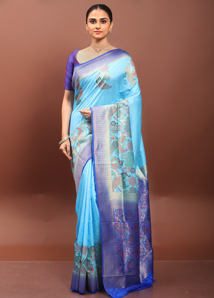 Blue Dupion Silk Saree With Blouse Piece