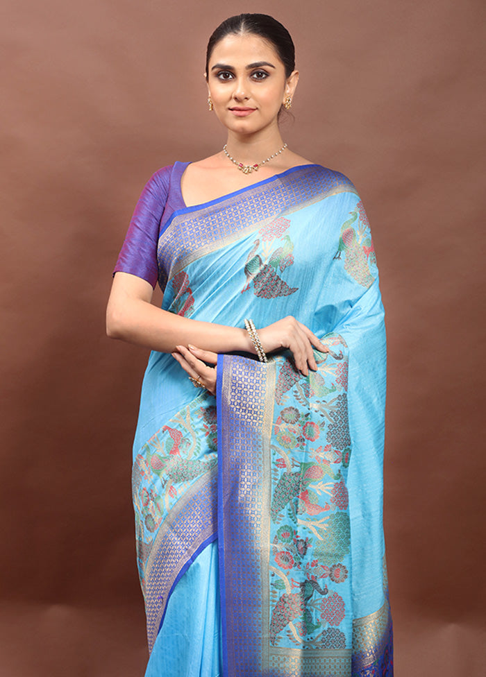 Blue Dupion Silk Saree With Blouse Piece