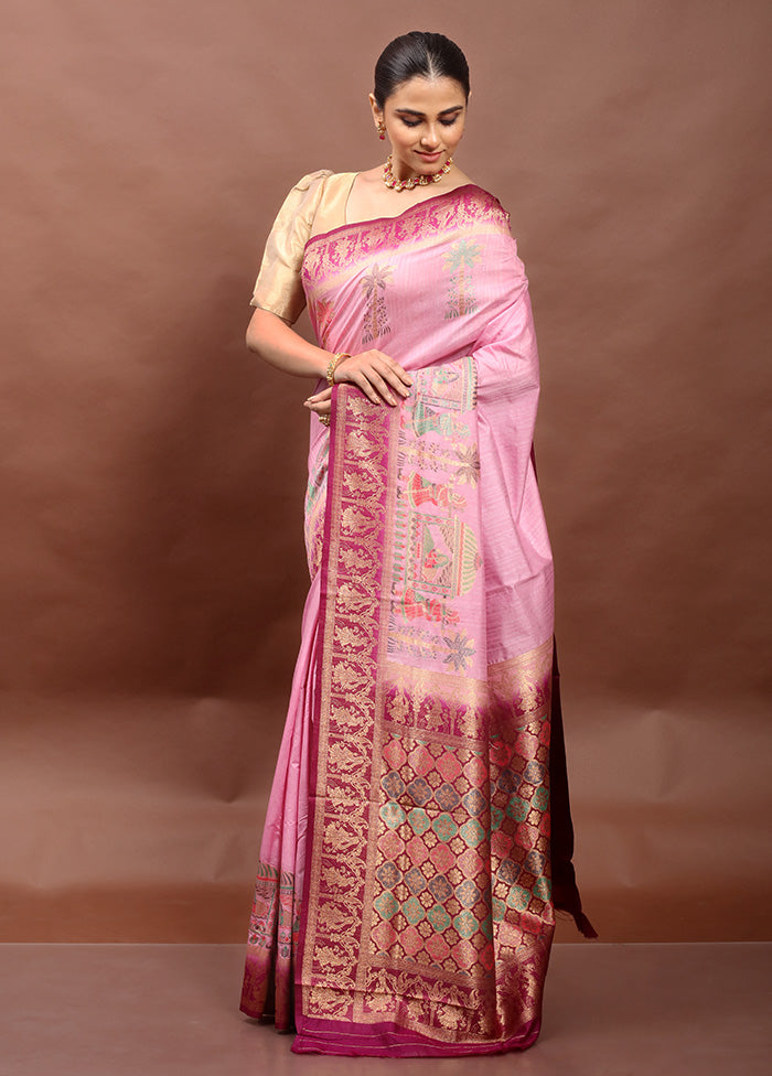 Pink Dupion Silk Saree With Blouse Piece